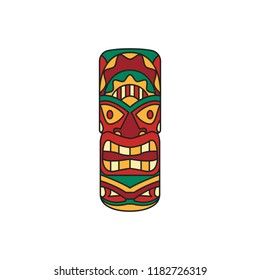 Tiki tribal cartoon totem idol. Hawaiian traditional elements. Colored cartoon icon. Isolated on white background. Vector illustration.