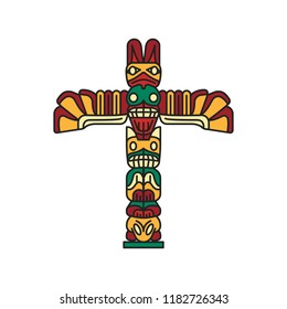 Tiki tribal cartoon totem idol. Hawaiian traditional elements. Colored cartoon icon. Isolated on white background. Vector illustration.