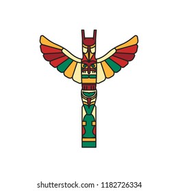 Tiki tribal colored totem. Hawaiian culture elements. Colored cartoon icon. Isolated on white background. Vector illustration.