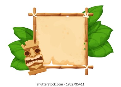 Tiki tribal hawaiian mask, statuette with human face on bamboo frame with parchment in cartoon style decorated exotic, palm leaves isolated on white background. God from ancient culture of Hawaii.