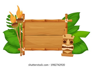 Tiki tribal hawaiian mask, statuette with human face on bamboo wooden frame with torch in cartoon style decorated exotic, palm leaves isolated on white background. God from ancient of Hawaii. 