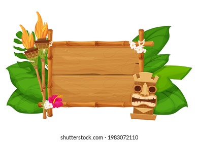 Tiki tribal hawaiian mask, statuette with human face on bamboo wooden frame with torch in cartoon style decorated exotic, palm leaves isolated on white background. God from ancient of Hawaii. 