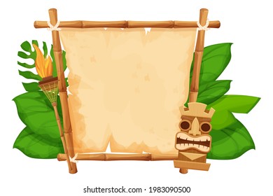 Tiki tribal hawaiian mask, statuette with human face on bamboo frame with parchment, torch in cartoon style decorated exotic, palm leaves isolated on white background. God from ancient of Hawaii. 