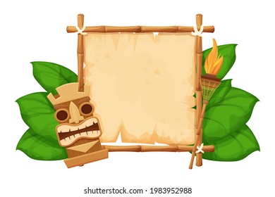 Tiki tribal hawaiian mask, statuette with human face on bamboo frame with parchment, torch in cartoon style decorated exotic, palm leaves isolated on white background. God from ancient of Hawaii. 
