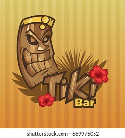 Tiki tribal mask. Tiki bar banner. Vector illustration. Hawaiian element