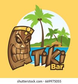 Tiki tribal mask. Tiki bar banner. Vector illustration. Hawaiian element