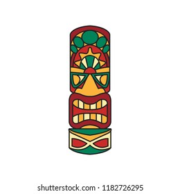 Tiki tribal wooden cartoon totem. Aztec traditional elements. Colored cartoon icon. Isolated on white background. Vector illustration.