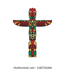 Tiki tribal wooden cartoon totem. Aztec traditional elements. Colored cartoon icon. Isolated on white background. Vector illustration.