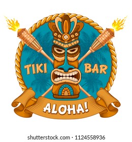 Tiki tribal wooden mask, bamboo torch and signboard of bar. Hawaiian traditional elements. Isolated on white background. Vector illustration.