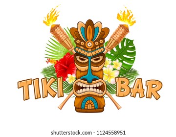 Tiki tribal wooden mask, beach bamboo torch, tropical exotic plants and signboard of bar. Hawaiian traditional elements. Isolated on white background. Vector illustration.