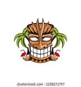 Tiki tribal wooden mask, beach bamboo, tropical exotic plants. Hawaiian traditional elements. Isolated on white background.