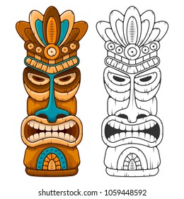 Tiki tribal wooden mask. Hawaiian traditional elements. Colored and black and white silhouette. Isolated on white background. Vector illustration.