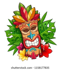 Tiki tribal wooden mask. Hawaiian traditional character. Hawaii bar symbol. Tradition cartoon sculpture Isolated white background. EPS10 vector illustration.