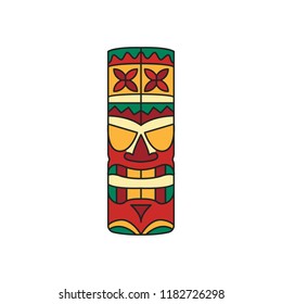 Tiki tribal wooden mask. Hawaiian traditional elements. Colored cartoon icon. Isolated on white background. Vector illustration.