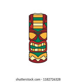 Tiki tribal wooden mask. Hawaiian traditional culture elements. Colored cartoon icon. Isolated on white background. Vector illustration.