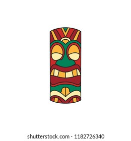 Tiki tribal wooden mask. Hawaiian traditional culture elements. Colored cartoon icon. Isolated on white background. Vector illustration.