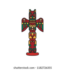Tiki tribal wooden mask. Hawaiian traditional culture elements. Colored cartoon icon. Isolated on white background. Vector illustration.