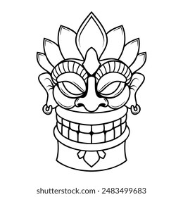 Tiki tribal wooden mask. Hawaiian traditional elements. Colored, wooden and black and white silhouette. Vector illustration