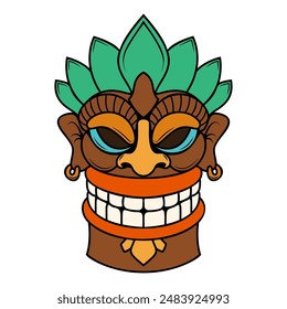 Tiki tribal wooden mask. Hawaiian traditional elements. Colored, wooden and black and white silhouette. Vector illustration