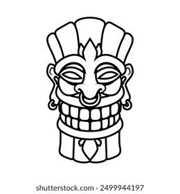 Tiki tribal wooden mask. Hawaiian traditional elements. Colored, wooden and black and white silhouette. Vector illustration