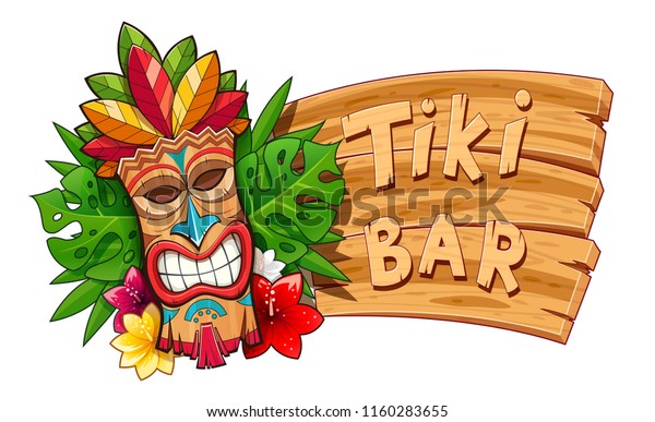 ティキ族の木のマスク ハワイの伝統的なキャラクター ハワイバーの記号 伝統的な漫画の彫刻 木のバナー 白い背景 Eps10のベクターイラスト のベクター画像素材 ロイヤリティフリー