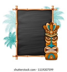 Tiki tribal wooden mask, palm trees and bamboo frame with space for your text. Hawaiian traditional elements, totem symbol. Isolated on white background. Vector illustration.