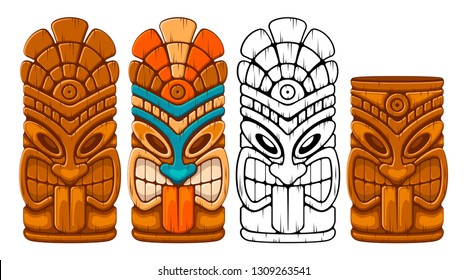Tiki tribal wooden mask set and Tiki mug. Hawaiian traditional elements. Colored, wooden and black and white silhouette. Isolated on white background. Vector illustration.
