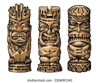 Tiki tribal wooden mask set. Hawaiian traditional elements isolated on white background. Colored vector illustration