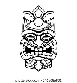 Tiki tribal wooden mask set and Tiki mug. Hawaiian traditional elements. Colored, wooden and black and white silhouette. Vector illustration