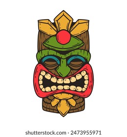 Tiki tribal wooden mask set and Tiki mug. Hawaiian traditional elements. Colored, wooden and black and white silhouette. Vector illustration