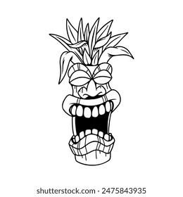 Tiki tribal wooden mask set and Tiki mug. Hawaiian traditional elements. Colored, wooden and black and white silhouette. Vector illustration
