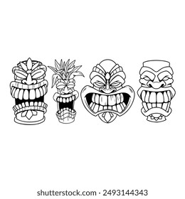Tiki tribal wooden mask set and Tiki mug. Hawaiian traditional elements. Colored, wooden and black and white silhouette. Vector illustration