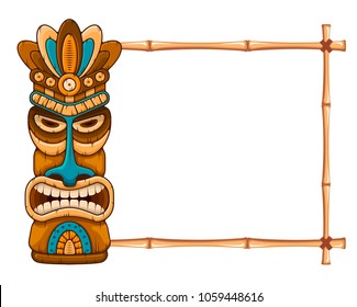 Tiki tribal wooden mask, tropical exotic plants and bamboo frame with place for text. Hawaiian traditional elements. Isolated on white background. Vector illustration.