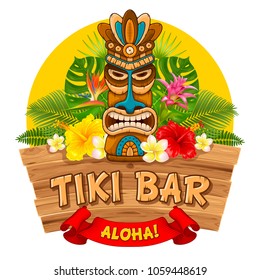 Tiki Stamm-Holzmaske, tropische exotische Pflanzen und Schild der Bar. Hawaiianische traditionelle Elemente. Einzeln auf weißem Hintergrund. Vektorgrafik.