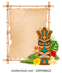 Máscara de madeira tribal Tiki, plantas exóticas tropicais e placa de bambu. Elementos tradicionais havaianos. Isolado em fundo branco. Ilustração vetorial.