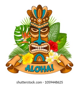 Tiki tribal wooden mask, tropical exotic plants and signboard of bar. Hawaiian traditional elements. Isolated on white background. Vector illustration.