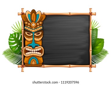 Tiki tribal wooden mask, tropical exotic plants and bamboo frame with space for your text. Hawaiian traditional elements, totem symbol. Isolated on white background. Vector illustration.
