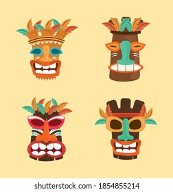 tiki tribal wooden masks culture ancient set icons vector illustration