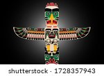 Tiki tribal wooden tropical mask, Hawaiian traditional elements, totem symbol. Isolated on black background - Vector illustration.