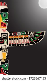 Tiki tribal wooden tropical mask, Hawaiian traditional elements, totem symbol. Isolated on black background - Vector 