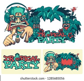 Tiki tropical party. Tiki DJ. Can be used for creating posters, flyers, emblem, prints, web. Hand drawn vector illustration
