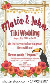 Tiki Tropical Wedding/party Invitation With Flowers, Bamboo And Toucan