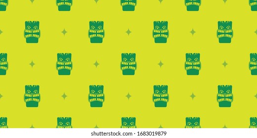 Tiki Wallpaper Pattern | Mid-Century Polynesian Repeating Pattern | Tiki Bar Wall Design, Seamless Tropical Background, Vector Retro Backdrop, 60s Tiki Masks & Starbursts, Vintage Style