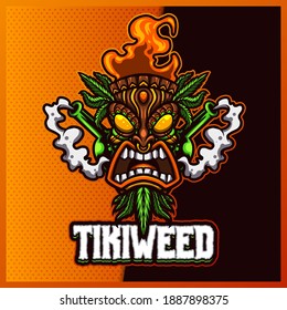 Tiki Weed esport and sport mascot logo design with modern illustration concept for team, badge, emblem and t-shirt printing. Tiki Mask illustration on isolated background. Illustration Premium Vector