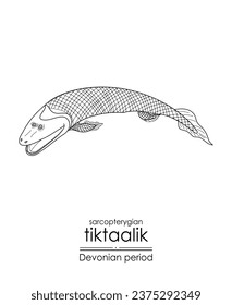 Tiktaalik, un sarcopterygiano del período devonio, un animal acuático extinguido como pescado, ilustración de arte de línea blanca y negra. Ideal tanto para colorear como para propósitos educativos