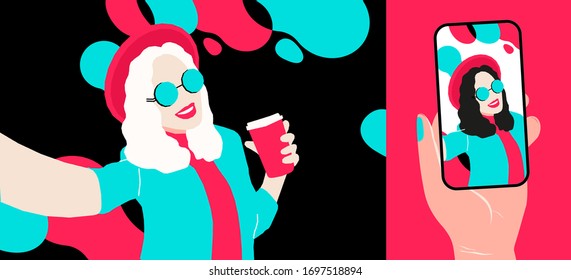 Tiktok Influencer Young Girl Bloger Making Video Content. Social Network Streaming Illustration Template In Mobile Phone In Hand. Woman In Hat, Glasses With Coffee Recording Lifestyle Blog Vector.