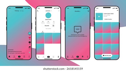 TikTok rede social aplicativo interface UI modelo de maquete no iPhone 16 Pro Max, modelo de quadro de vídeo, TikTok feed post mockup, modelo de interface de aplicativo móvel na rede social, ilustração vetorial.
