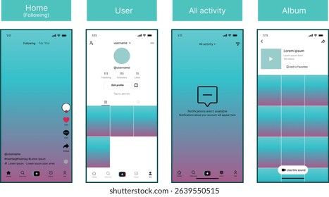 Tiktok. Tik tok mobile App interface template. Tiktok mockup social media template. mobile app interface template on social network. Tiktok Home, User, activity template.

