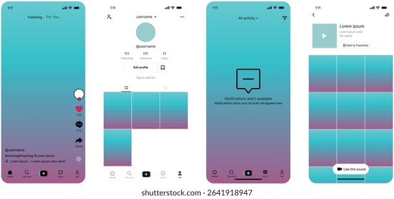 Tiktok. Tik tok mobile App interface template. Tiktok mockup social media template. mobile app interface template on social network. Tiktok Home, User, activity template.