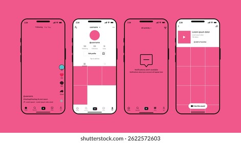 TikTok UI mockup template with video player, like, comment, share buttons, feed layout, profile page, and recording screen. Mobile app interface for short video content. Vector illustration.